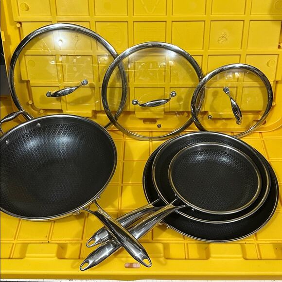HEXCLAD 7 Piece Nonstick Stainless Steel Frying Pan Set 8 10 12" Lids Wok M $600 - Picture 2 of 10